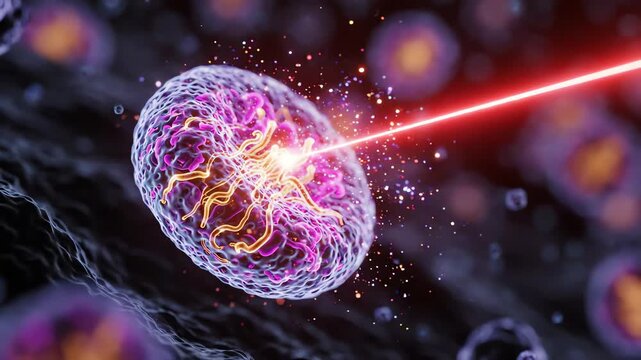 Cinematic macro shot of a glowing microscopic cell undergoing genetic modification through advanced light based biotech therapy