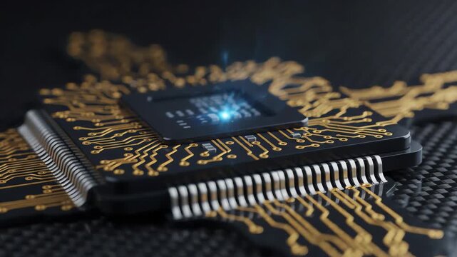 Cinematic macro shot of a sleek futuristic microchip glowing with cyan energy pulses representing an advanced brain computer interface