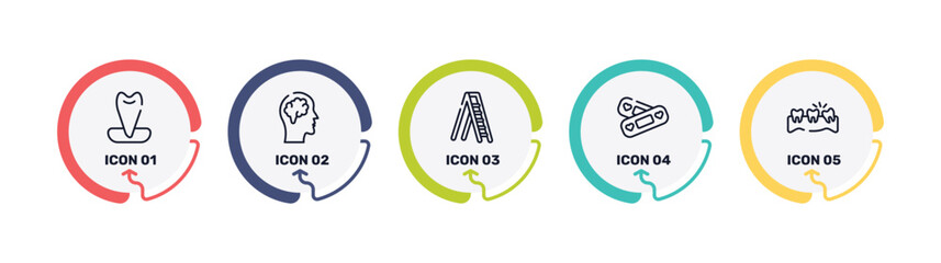 dental outline icon set featuring canine, brain inside human head, mechanical ladder, lovely aid band icons.