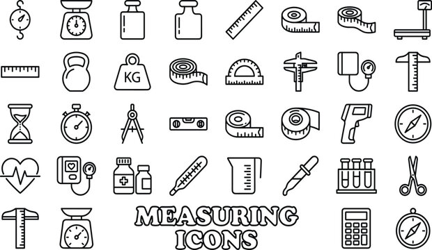 Creative minimalist outline style collection of thirty-eight measuring icons featuring essential measurement tools, weight scales, and scientific laboratory equipment line art illustrations.
