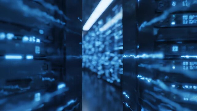 Cinematic shot of a futuristic server room with pulsing blue light paths traveling through glass panels representing secure distributed ledger data