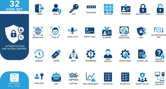 Authentication and Access Control Vector illustration Fill editable Icons set. featuring user permissions, authorization, identity management, login security, data protection, and cybersecurity.