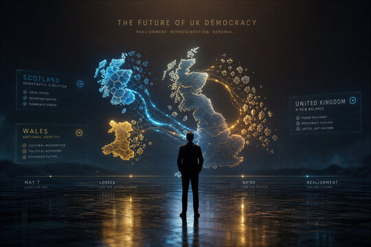 May 7 devolved election structural realignment UK holographic map with Scotland Wales breaking away political shift voter realignment democratic shift parliamentary elections coalition governance