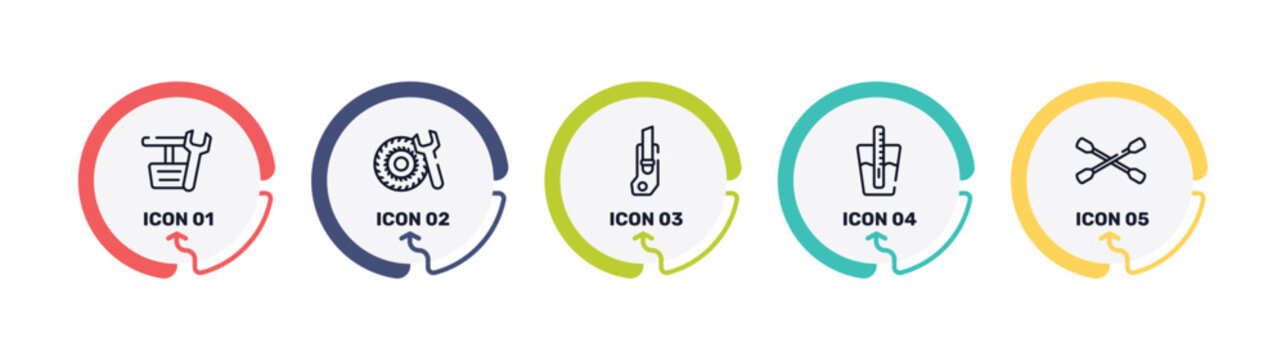 car repair outline icon set featuring pedals, tyre, carpenter cutter, tester icons.