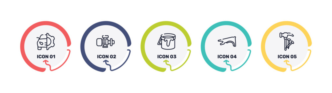 toolbox outline icon set featuring car service, pump, open paint bucket, fender icons.