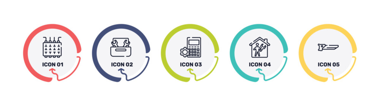 toolbox outline icon set featuring fuse box, nuts and bolts, mathematics, repairman inside a home icons.