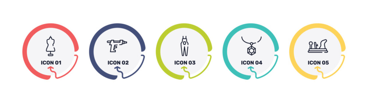 diy outline icon set featuring tailor, glue gun, overalls, rhinestone icons.