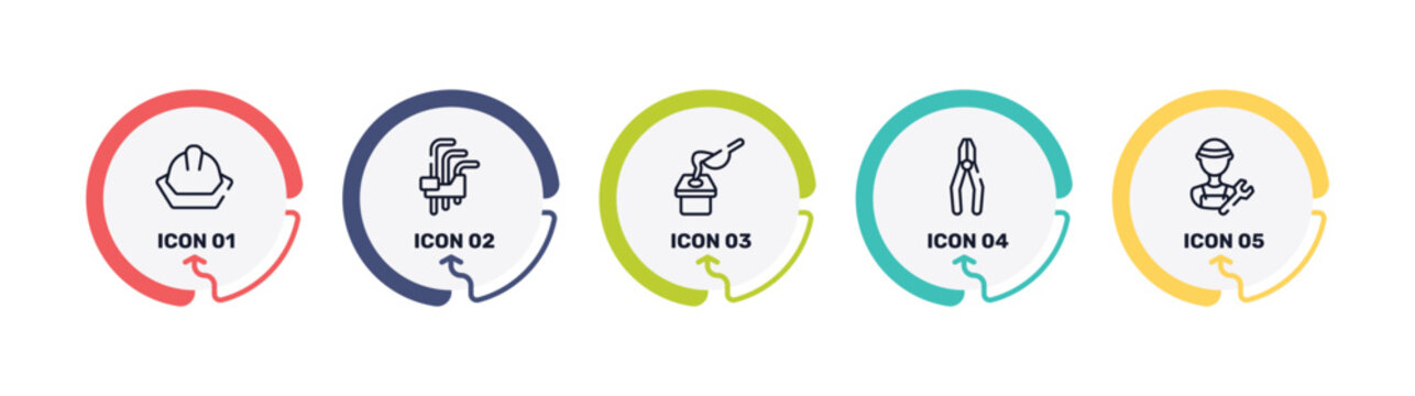 construction outline icon set featuring head protection, hex key, crucible, crimping pliers icons.