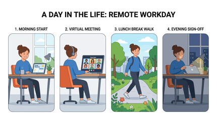 Naklejka premium Remote worker demonstrates a structured daily routine from morning start to evening sign off in a digital infographic format.