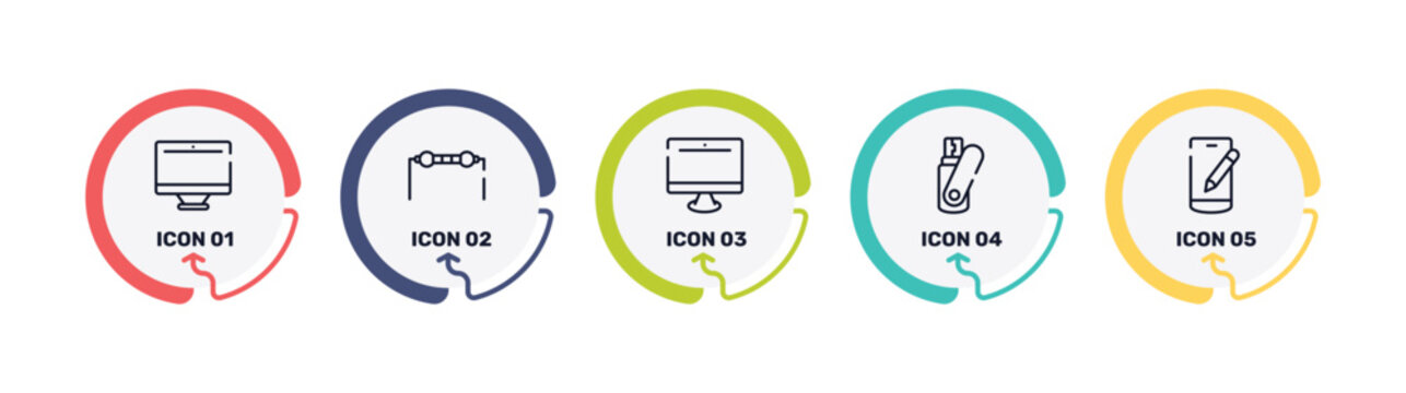 responsive web outline icon set featuring monitors, resistance, pc equipment, flash card icons.