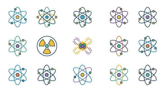 Various colorful atomic structures are illustrated in a digital collection