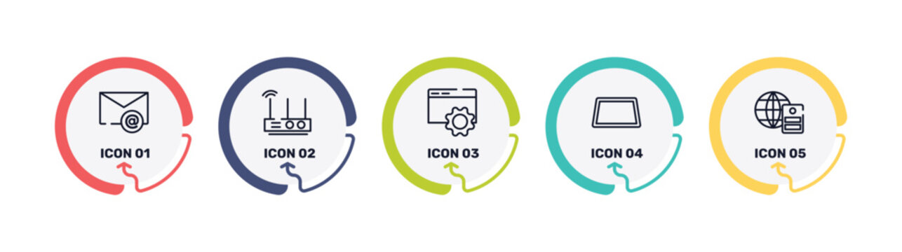 computer and media outline icon set featuring email envelope, wireless lan router device, internet configuration tings, null icons.