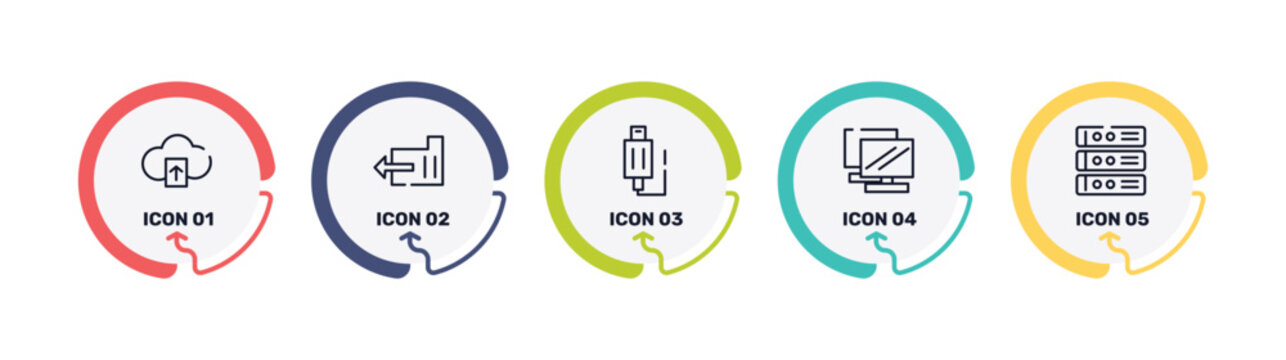 computer and media outline icon set featuring cloud upload, export folder, usb plug, notebook double tool image icons.