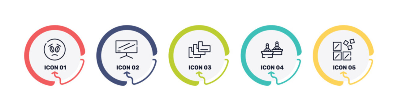 computer and media outline icon set featuring frown emot, flatscreen tv, index folder, computer workers group icons.