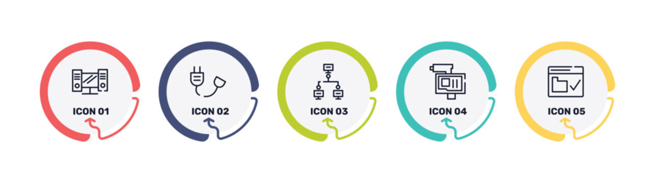 web design and programming outline icon set featuring workstation, power cable, local network, online robbery icons.