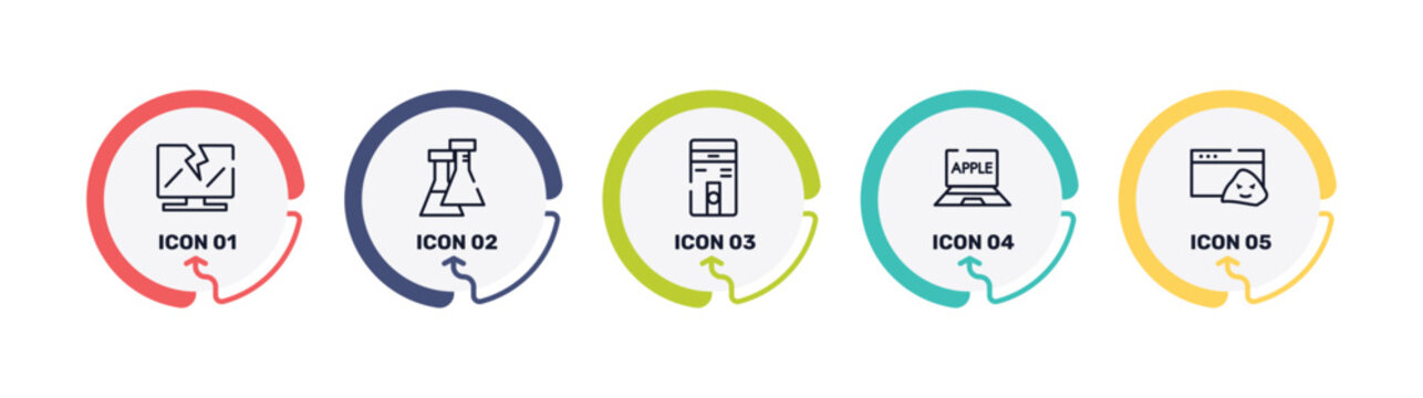 cyber crimes outline icon set featuring broken laptop, flasks, computer case, laptop computer icons.