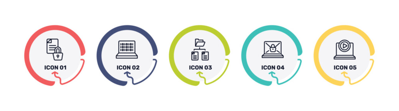 computer and files outline icon set featuring encrypted data, binary code, folder network, ransomware icons.