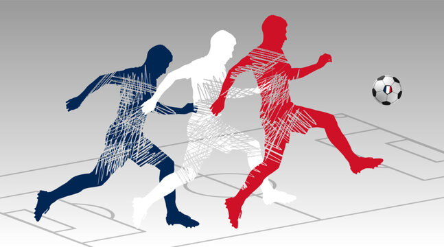 Silhouette of a football player hitting the ball. Concept of a World Football Championship.  Vector realistic 3d ball and flag of  France brush strock. Element for your design. EPS 10 