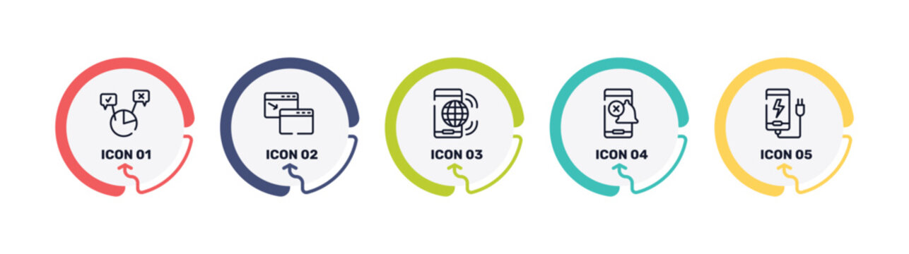 phoneset outline icon set featuring polling, new window, internet connection by cellphone, silent bell icons.