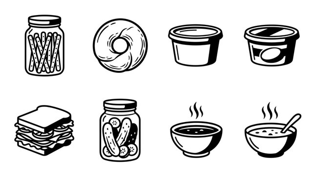 A collection of hand drawn food icons including jars of snacks, bagels, yogurt tubs, sandwiches, and steaming bowls of soup. Simple black and white vector illustrations for culinary menus.