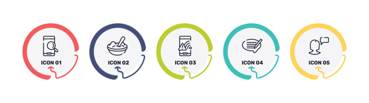 discussion outline icon set featuring searching by phone, mashed potato, wifi connection warning, editing icons.