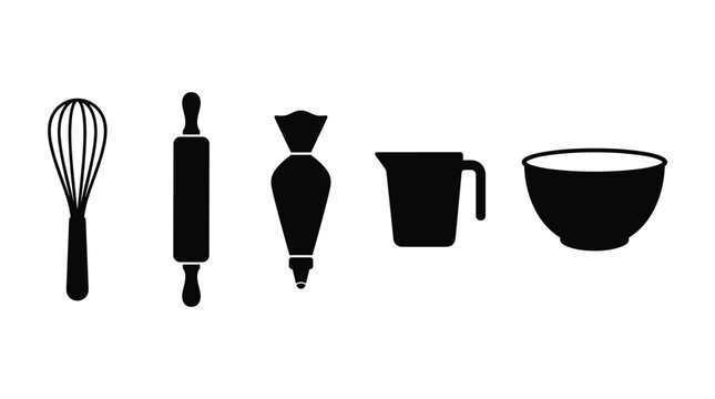 A collection of black vector icons representing bakery and cooking utensils including a whisk, rolling pin, piping bag, measuring jug, and mixing bowl for culinary design projects.