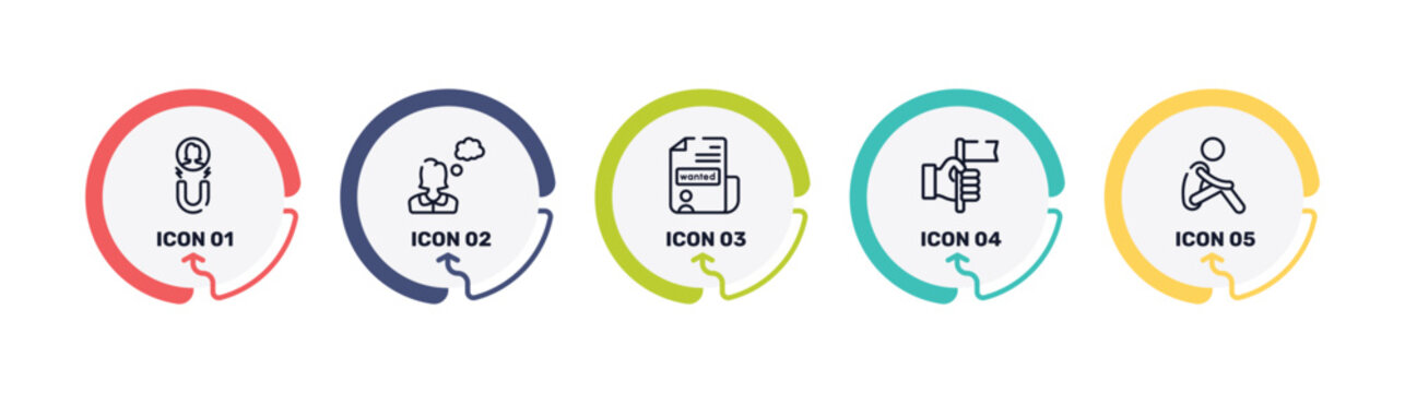 introvert outline icon set featuring attraction, thoughtful, wanted, accomplishment icons.