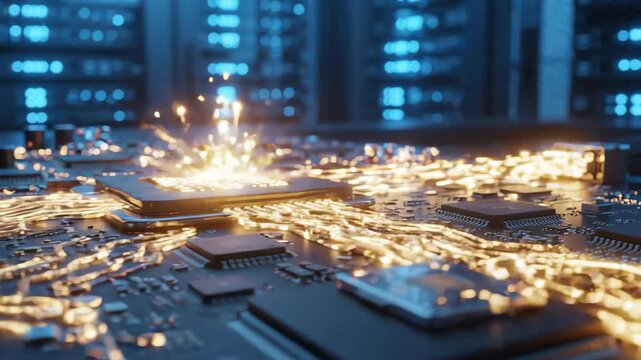 Futuristic digital circuit board with glowing golden energy pulses representing secure blockchain data transmission in a corporate server