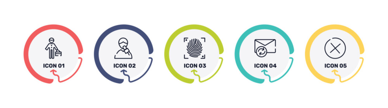 email outline icon set featuring stick man, male reporter, fingerprint scan, resend icons.