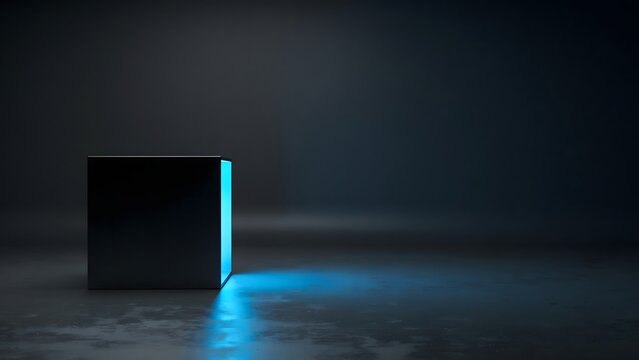 Black cube casting a bright blue reflection &ndash; Ideal for technological innovation concepts, value creation branding, or abstract art.