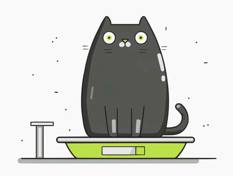 A cute cartoon black cat with big green eyes sits on a bright green digital scale looking surprised and a little worried