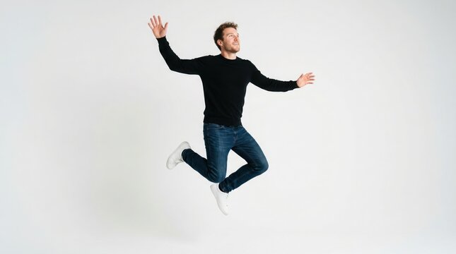 A man in a black long-sleeved shirt and blue jeans jumps in mid-air with arms outstretched and a joyful expression on a plain white background.