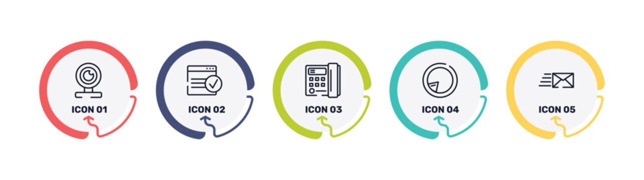 post office outline icon set featuring webcam, applications, office telephone, postman icons.