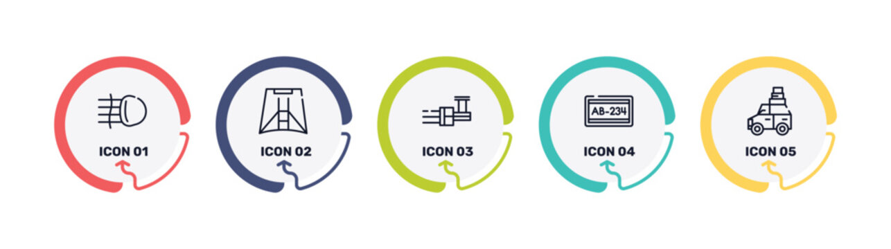 car parts outline icon set featuring car fog lamp, car hood, distributor, numberplate icons.