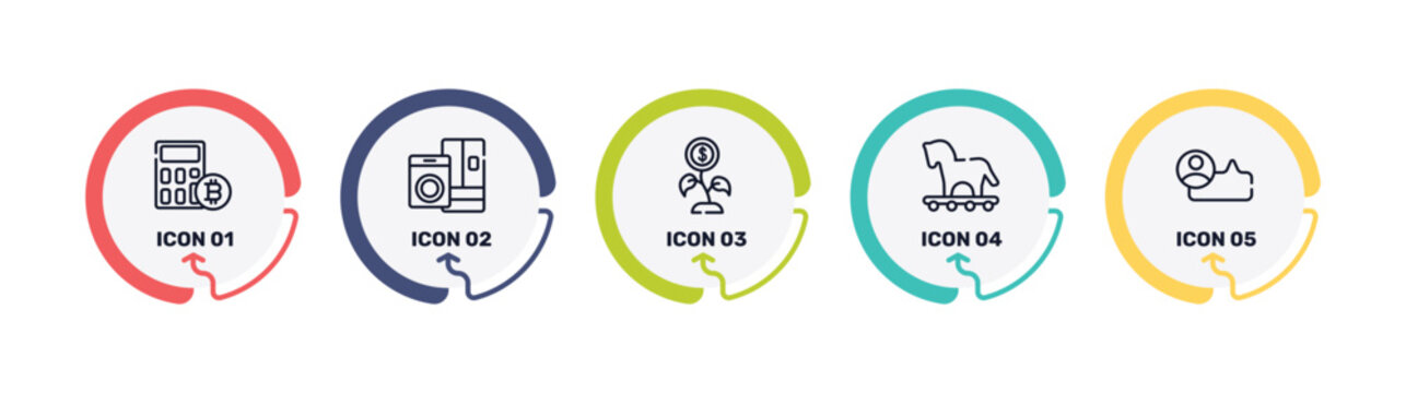 business outline icon set featuring old car, paper shredder, decentralized, reduction icons.