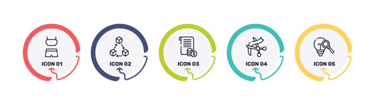 business outline icon set featuring identification card, online payment, online support, wholesaler icons.