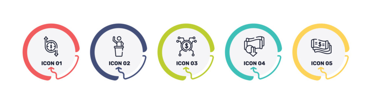 economy outline icon set featuring transfering, auctioneer, spreading, devaluation icons.