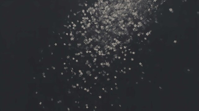 Shiny silver star shaped confetti falling down against a dark black background creating a festive and magical celebratory mood effect