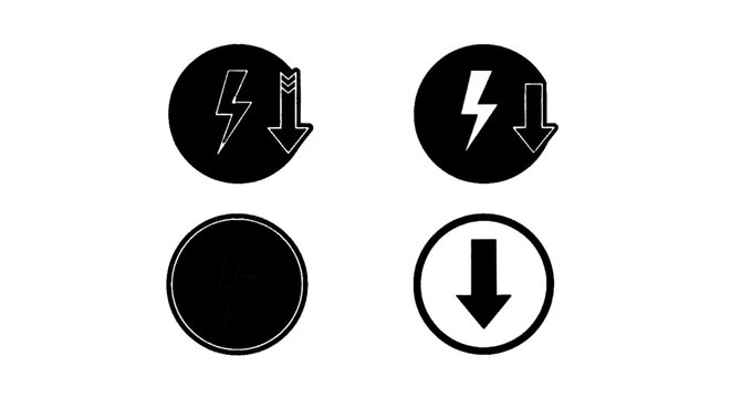 Minimal black silhouette icon, simple flat vector, bold black shape, no, no shading set of energy reduction icons, lightning bolt with down arrow symbols on a, flat icon style