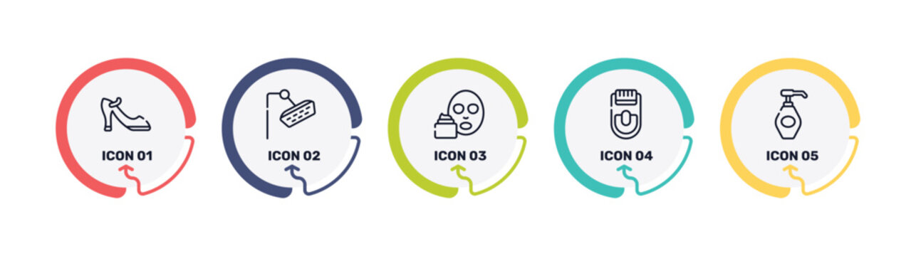 beauty salon outline icon set featuring high heel shoe, shower head, mudpack, epilador icons.