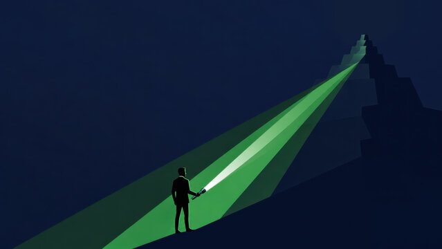A silhouette of a businessman uses a flashlight to illuminate a dark, stepped pyramid with a green beam against a deep blue sky. In search of success.