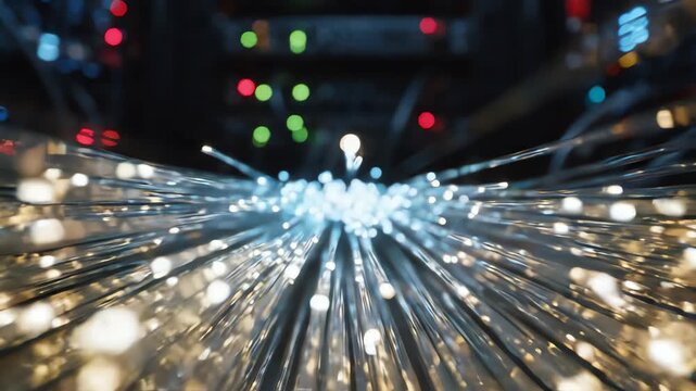 Macro view of glowing fiber optic cables transmitting pulses of light in a dark high tech environment representing internet expansion
