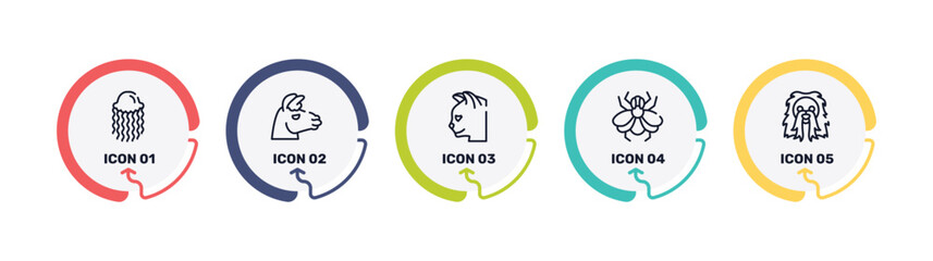woof woof outline icon set featuring swimming jellyfish, lama head, cat head, big fly icons. © VectorStockDesign