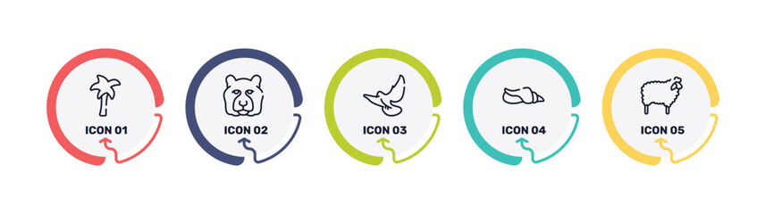 Naklejka premium free animals outline icon set featuring plain palm tree, tiger head, flying dove, seashell conch icons.