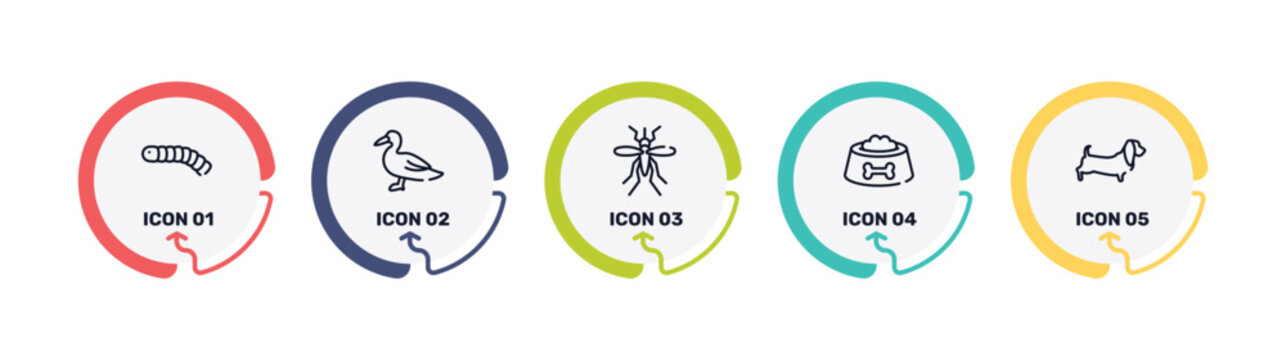 woof woof outline icon set featuring silkworm, wild duck, big mosquito, dog food bowl icons.