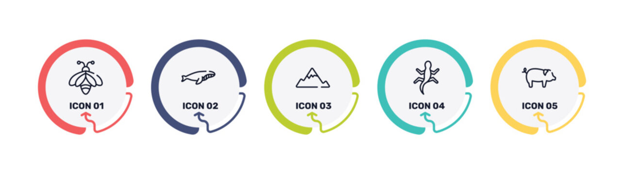 free animals outline icon set featuring big bee, whale swimming, angular mountain, gecko icons.