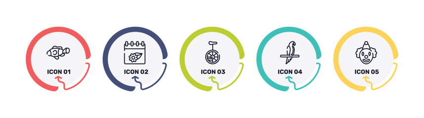 circus outline icon set featuring clown fish, season, unicycle, aw icons. © VectorStockDesign