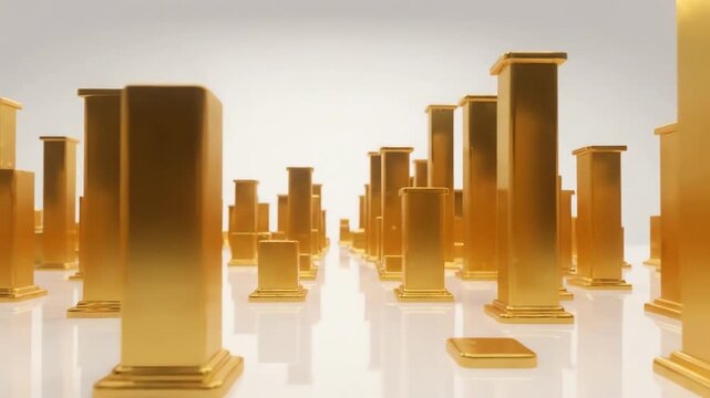 Abstract 3D animation of rising and falling golden columns moving smoothly in a minimalist environment symbolizing market fluctuations and growth