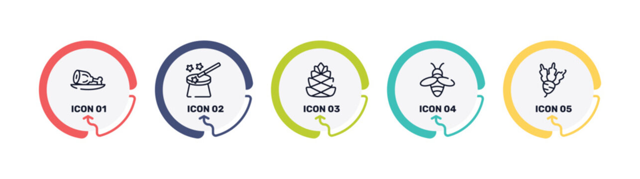 thanksgiving outline icon set featuring ham, magic wand, pine cone, beekeeper icons.