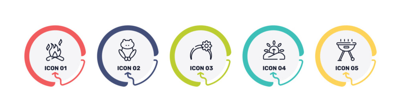 spring outline icon set featuring campfire, toad, headband, sunrise icons.